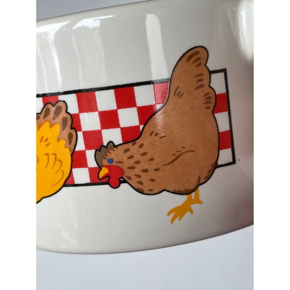 Ceramic Chicken/Rooster Soup Mugs Bowl With Handle Farmhouse Checkered Red - Picture 8 of 10